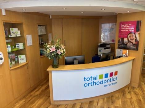 The reception desk at Total Orthodontics Crewe has desks for two receptionists